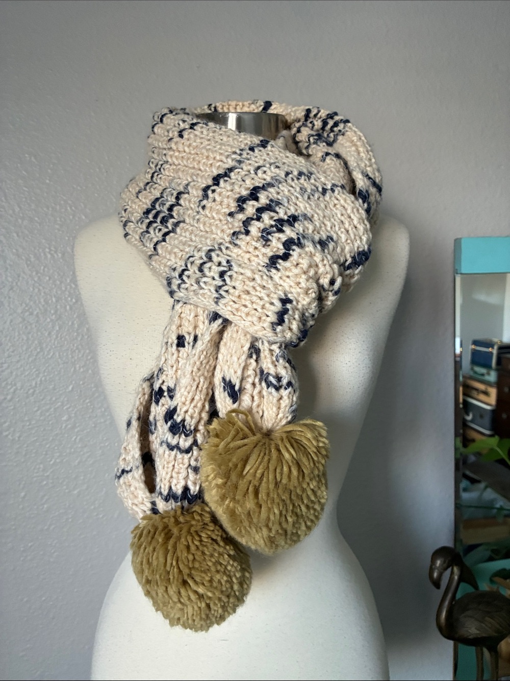 New Madewell Cream & Navy Blue Wool Blend Chunky Knit Scarf with Pom Poms